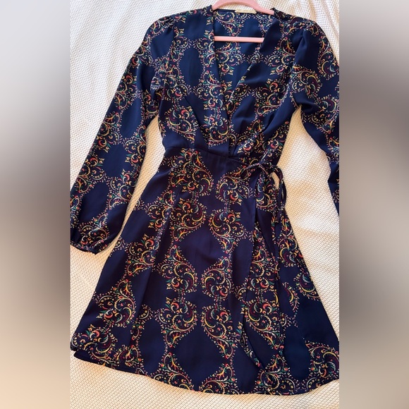 LUSH Navy Blue Paisley Long Sleeve Midi Wrap Dress - Picture 2 of 16